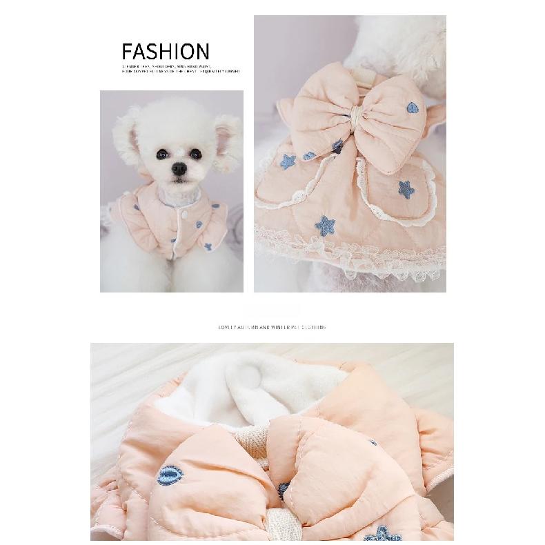 Autumn Winter Dog Clothes Thick Cotton-padded Princess Pet Dress Coat with Embroidery for Small Dogs & Cats