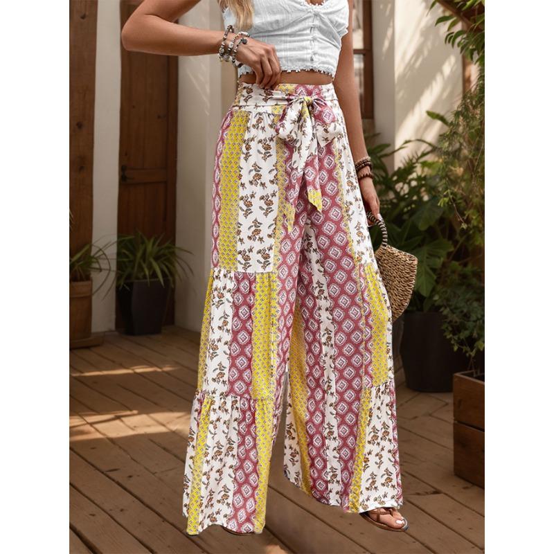 Casual Vacation Style Lace-up Geometric Floral Print Wide-leg Pants for Women