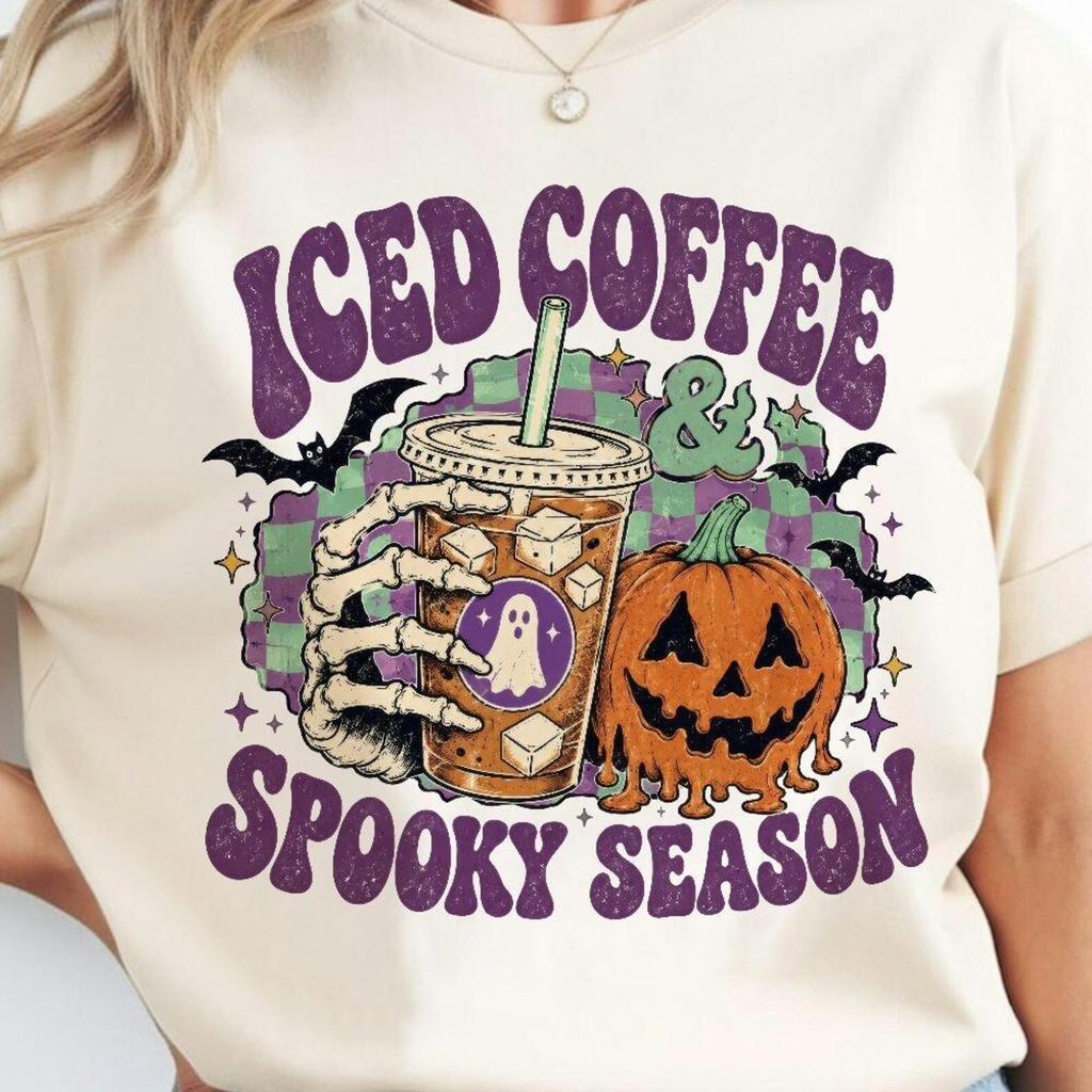 Iced Coffee Spooky Season Comfort Color Shirt, Retro Halloween Coffee Shirt, Ghost Pumpkin Shirt