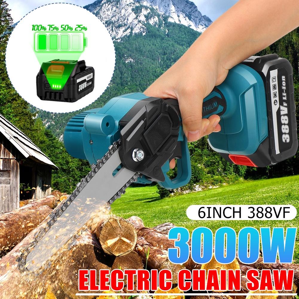 388V 3000W 6 Inch Mini Electric Chain Saw With 2Pcs Battery Woodworking Pruning Chainsaw One-handed Garden Logging Power