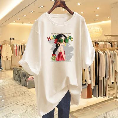 2025 New Summer Cotton Printed Short-sleeved T-shirt Women's Loose T-shirt Design Sense Medium and Long Top Base
