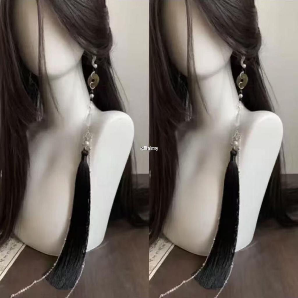 Mountain Ghost Flower Copper Coin Earrings with Tassels - Unisex Hanfu Style Ear Cuffs