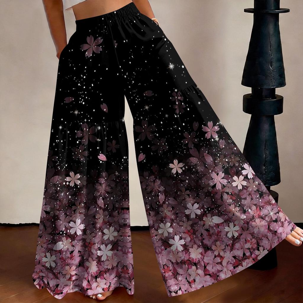 Women High Waist Loose Fit Lightweight Wide Leg Pants Vintage Floral Print Flowing Long Trousers Casual Relaxed Style