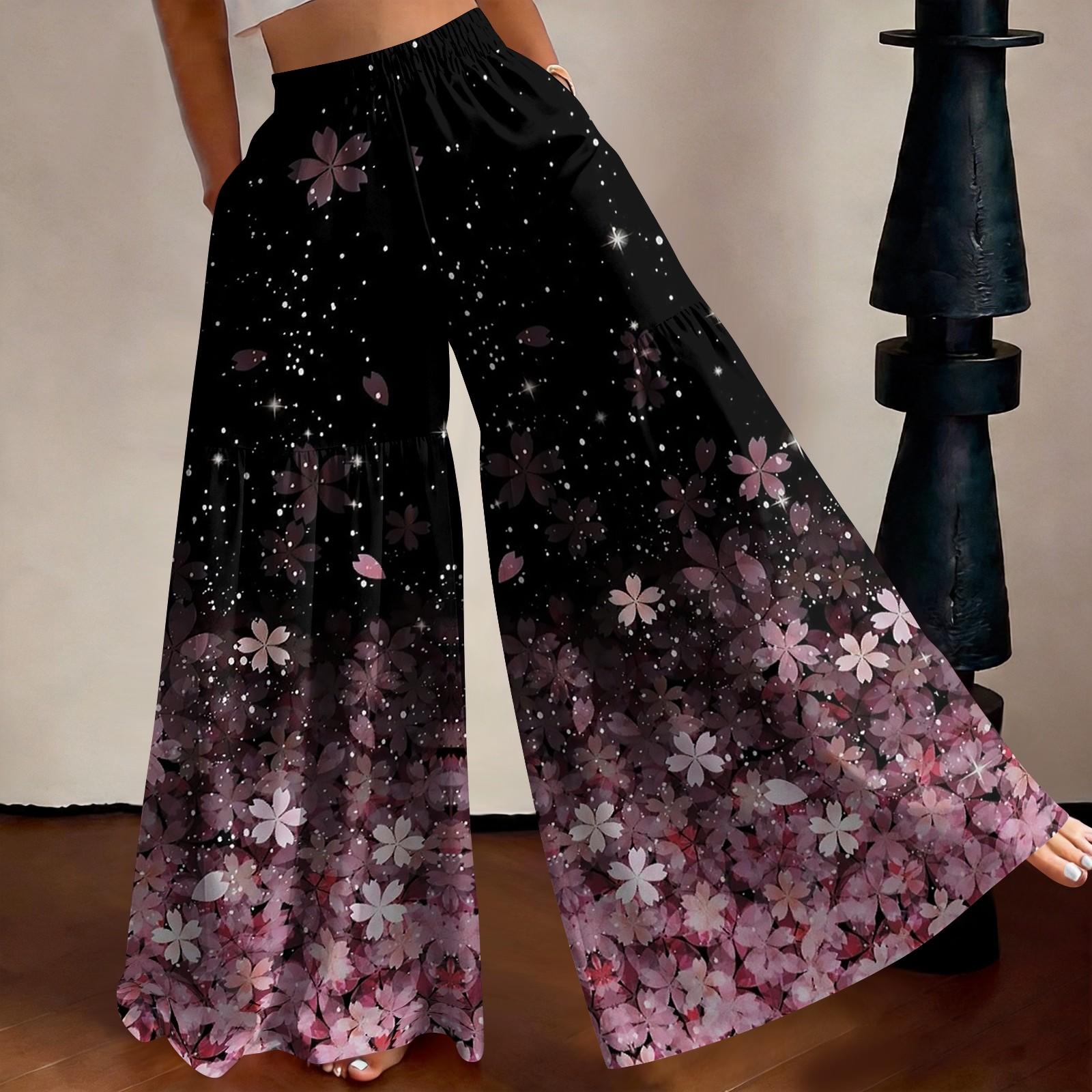 

High Waist Wide Leg Pants Women Loose Fit Lightweight Floral Print Palazzo Trousers Vintage Style Casual Long Pants for Summer XXL