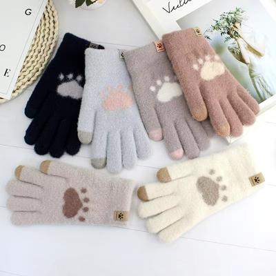 Winter Cat Scratch Love Gloves for Women Plush Touch Screen Knitted Thick Gloves Soft and Fluffy Korean Cute All Finger Gloves