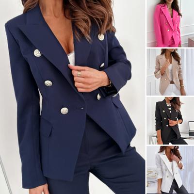 Women Suit Coat Lapel Long Sleeve Double Breasted Suit Jacket with Flap