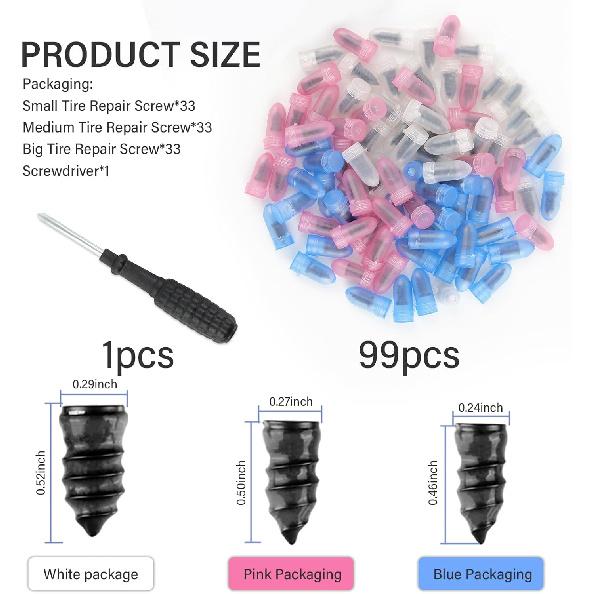 100PCS Tire Screw Plug Repair Kit,Self-Service Tire Repair Kit Includes 3 Sizes Of Screw In Tires Plugs & Screwdriver For Quick Repairs,Professional