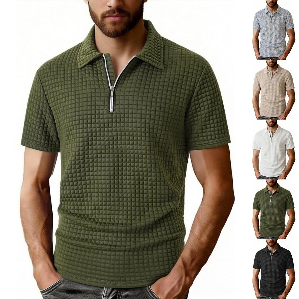 Men's Casual Fashion Polo Shirt Half Zipper Short Sleeve Checkered Jacquard Outdoor Sweatshirt with Turn Down Collar