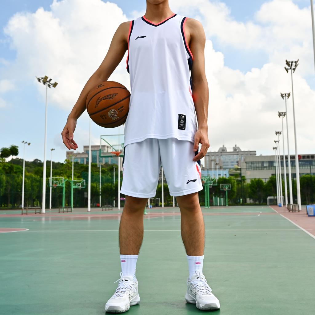 Li-Ning Campus Series Color Block Brand Logo Print Breathable Quick-Dry Basketball Set Men Sportswear White YATT169-1