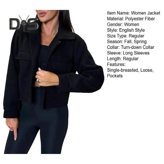 Fall Winter Women Jacket Turn-down Collar English Style Chest Pockets Windproof Outwear Single-breasted Solid Color Button Closure Commuting Daily