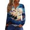 Women's Casual Long Sleeve V-Neck Halloween Print T-Shirt with Decorative Buttons