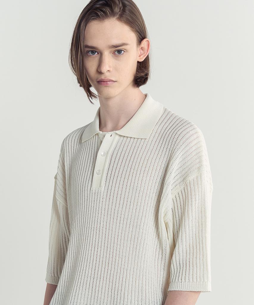 BLOND9 Cotton Rib Collar Short Sleeve Knit_Ivory