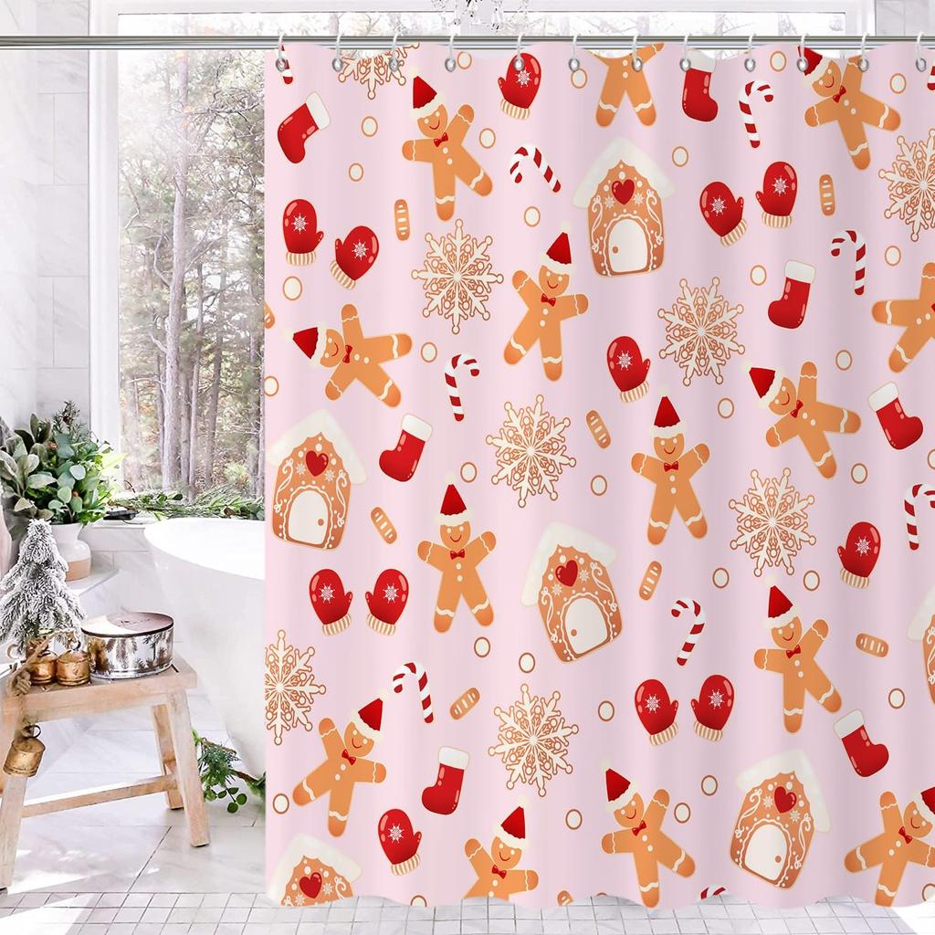 Pink Christmas Shower Curtain, Xmas Cartoon Cute Gingerbread Man House Snowflake Winter New Holiday Bathroom Curtain Waterproof