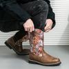 38-46 Cowboy Boots Men Black Brown Work Training Boots European and American Style Leaf Graffiti Western Cowboy Motorcycle Boots
