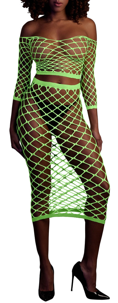 Neon Green Off-the-Shoulder Bustier and Fishnet Dress - Ouch! Glow - Combinations