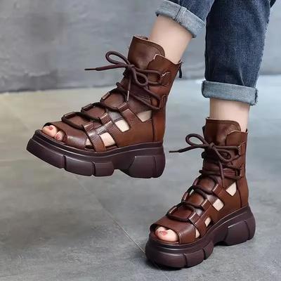 Fashion 2025 New Summer Black Women Pu Leather Sandals Cool Ankle Boots Platform Shoes Wedges Women's Sandals Fashion Outdoor Sandalias