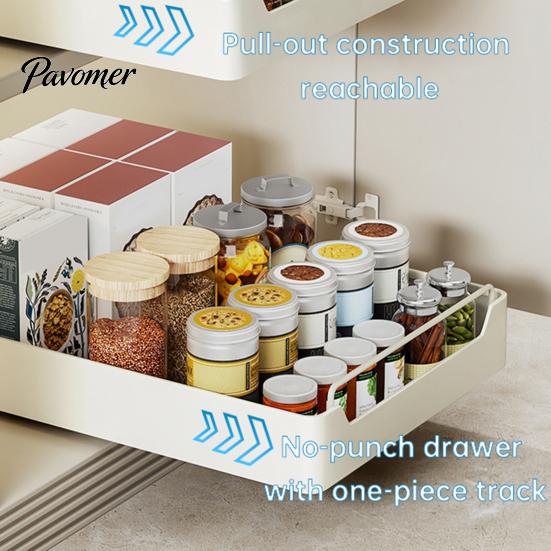 Pull Out Cabinet Organizer Fixed with Adhesive Nano Film Punch-free Heavy Duty Slide Pantry Shelves Sliding Drawer Shelf for Kitchen Living Room