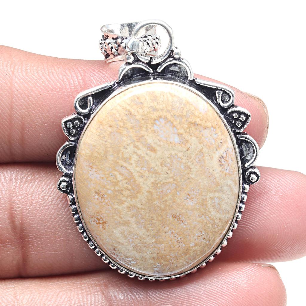 Pendant Fossil Coral Gemstone Valentine'Day Gift Silver Jewelry 2"