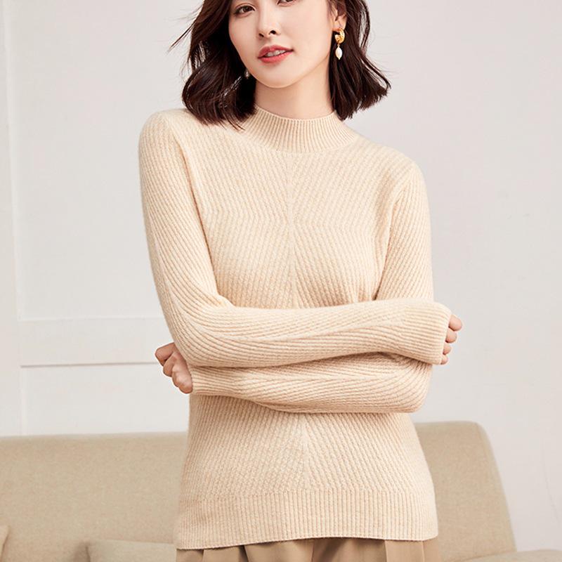 Women's Slimming Korean Style Cashmere Sweater - Autumn/Winter, Half-High Collar, Striped Solid Color, Versatile Base Layer