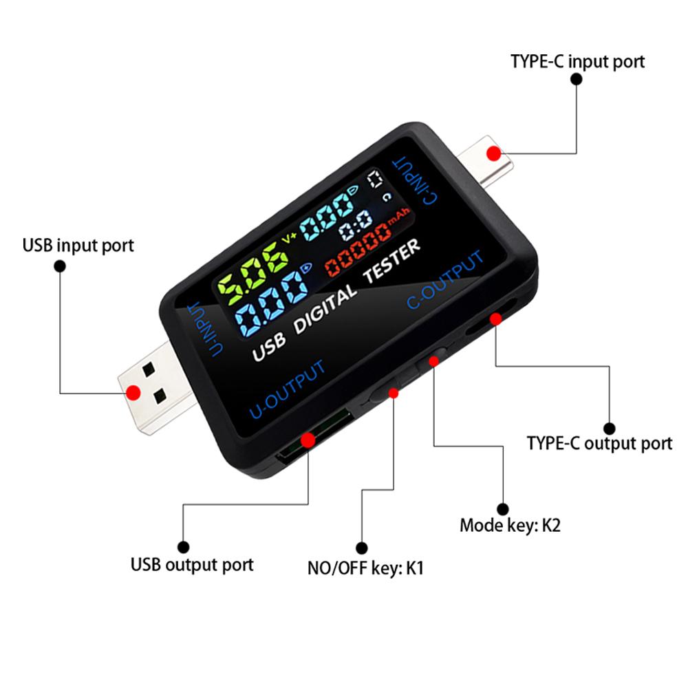 USB Type-C Tester Current Voltage Indicator Electric Ammeter Power Meter Charge DC Digital Multimeter Voltmeter Wattmeter