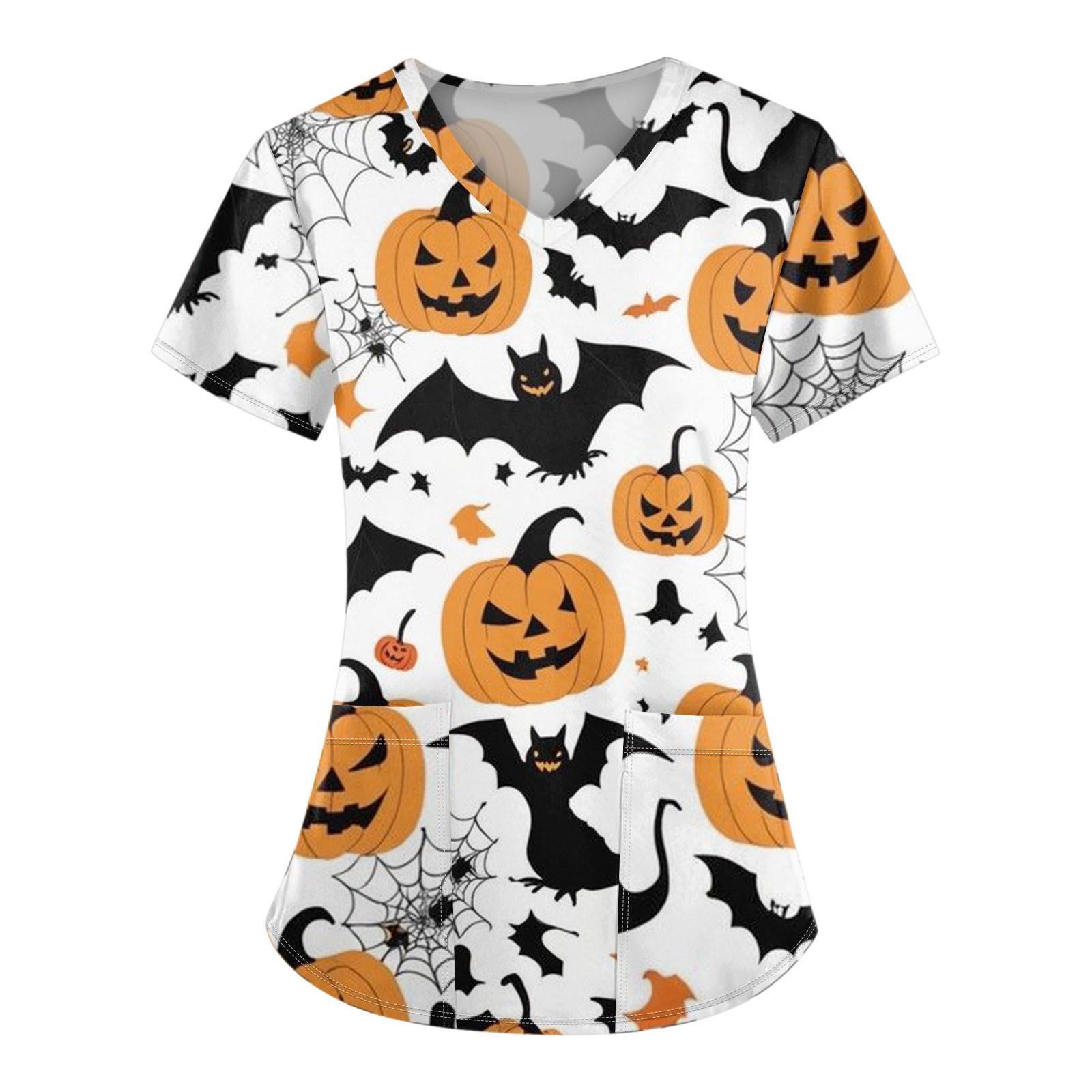 

Жіноча модна футболка з V-подібним вирізом і короткими рукавами з кишенею на Хеллоуїн S білий