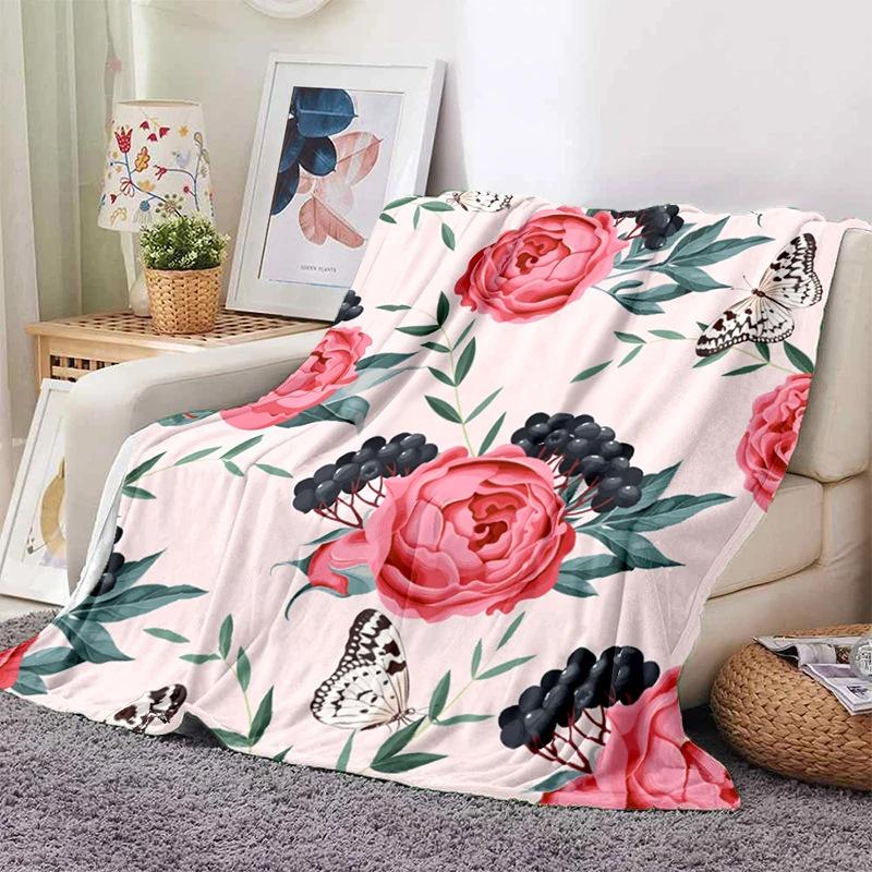 Pink Rose Flowers Printed Blanket for Sofa Bed Travel Camping Living Room Office Conditioning Blanket for All Seasons Gifts