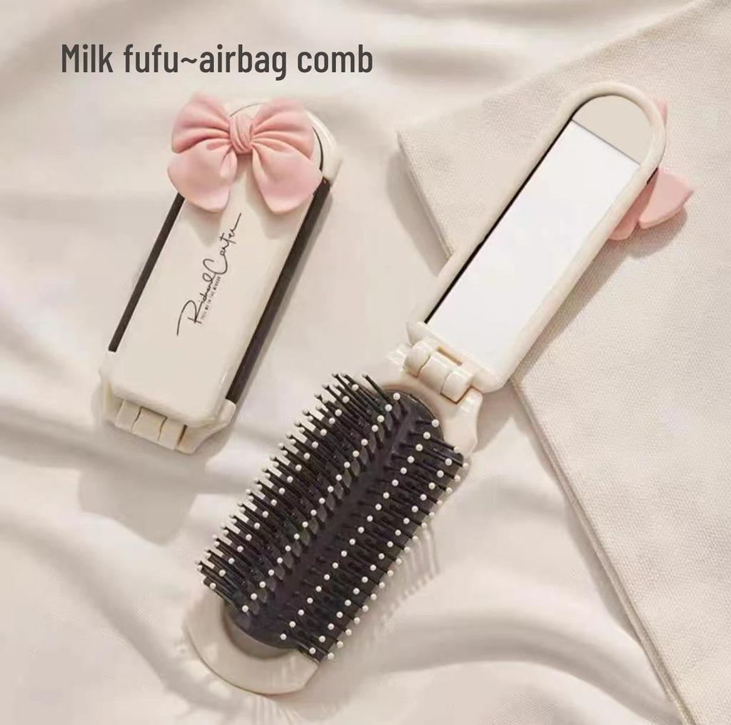Milky White Portable Folding Comb with Air Cushion and Mirror for Hair Care Massage