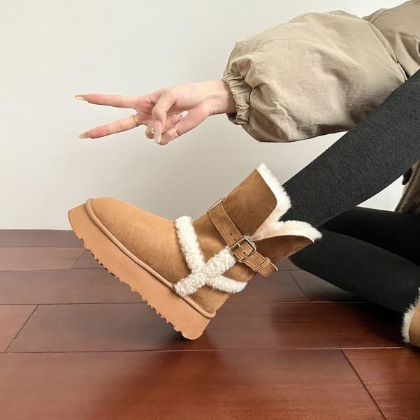 Fold two, wear thick-soled velvet long-tube snow boots, women's new winter non-slip thickened short-tube gray cotton shoes.
