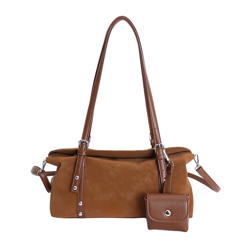 

2-In-1 Motorcycle Shoulder Bags For Women Three-compartment Big Capacity Hobo Bag PU Suede Pure Color Bost Bag With Coin Purse 31x15x10cm коричневый