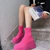 Mode 6CM Mode Damen Plateau Mid Stiefel Herbst und Winter Hochsohle Atmungsaktiv Zum Hineinschlüpfen Gestrickt Elastisch Hochhackige Stiefel für Damen