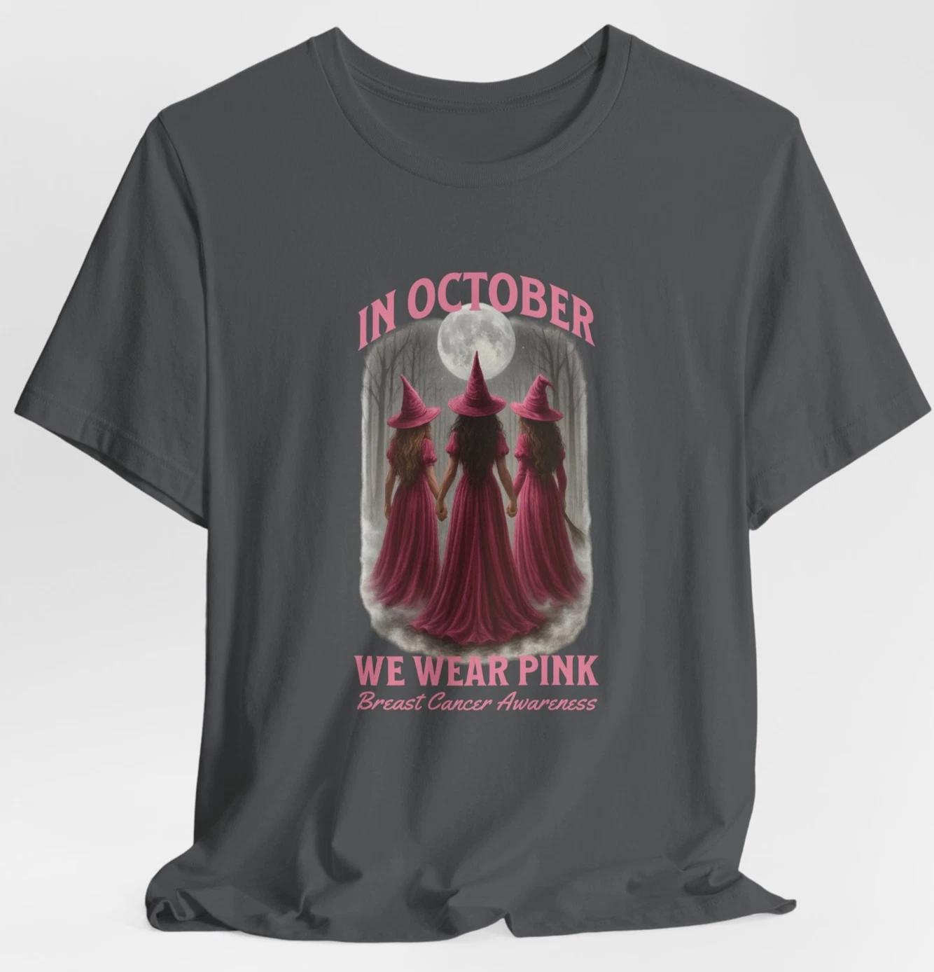 Breast Cancer Awareness in October We Wear Pink T-Shirt Witches Halloween Tee 4XL