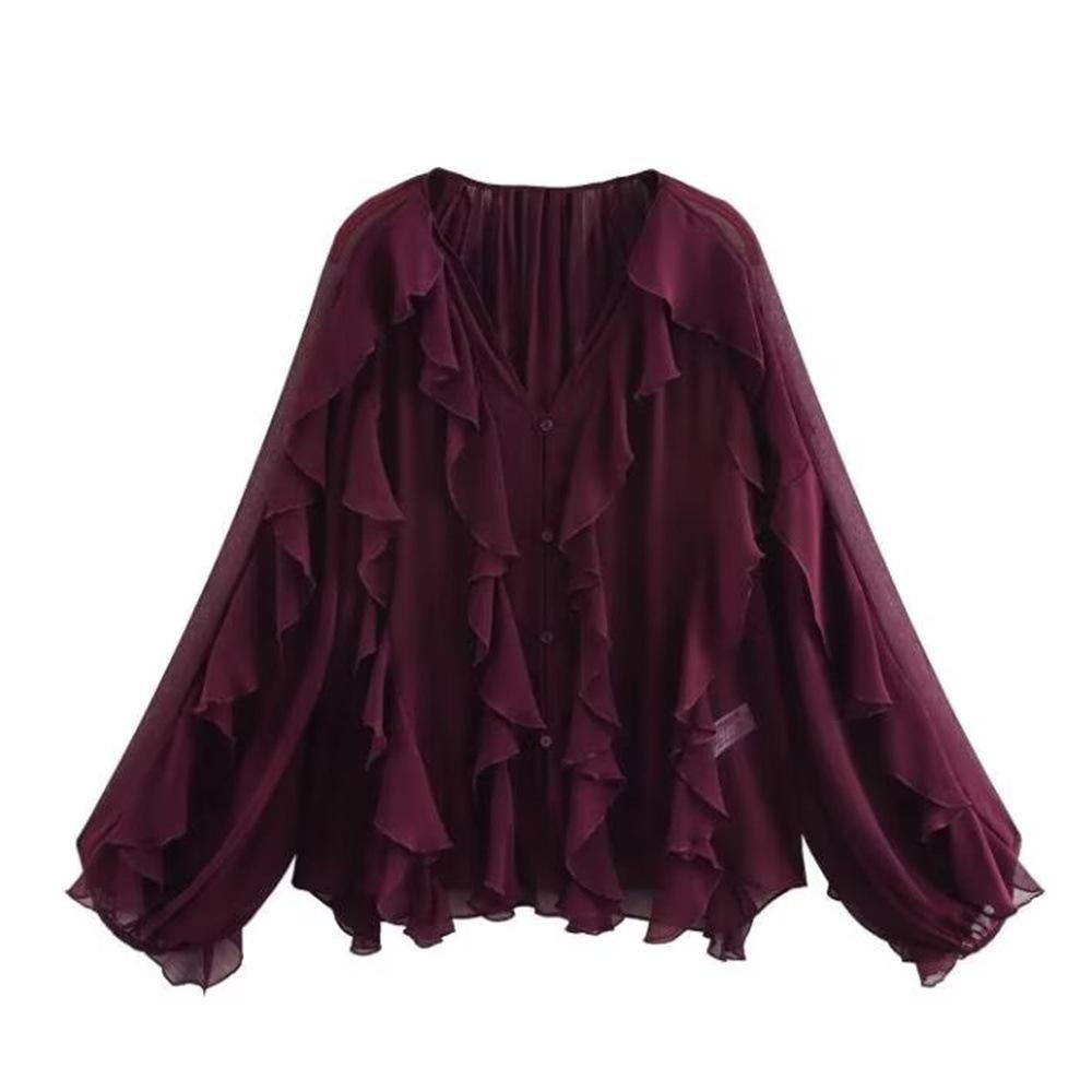 Women's Casual Ruffled Shirt Loose Lace Up Hollow Out V Neck Tops Spring Blouses Women Clothes