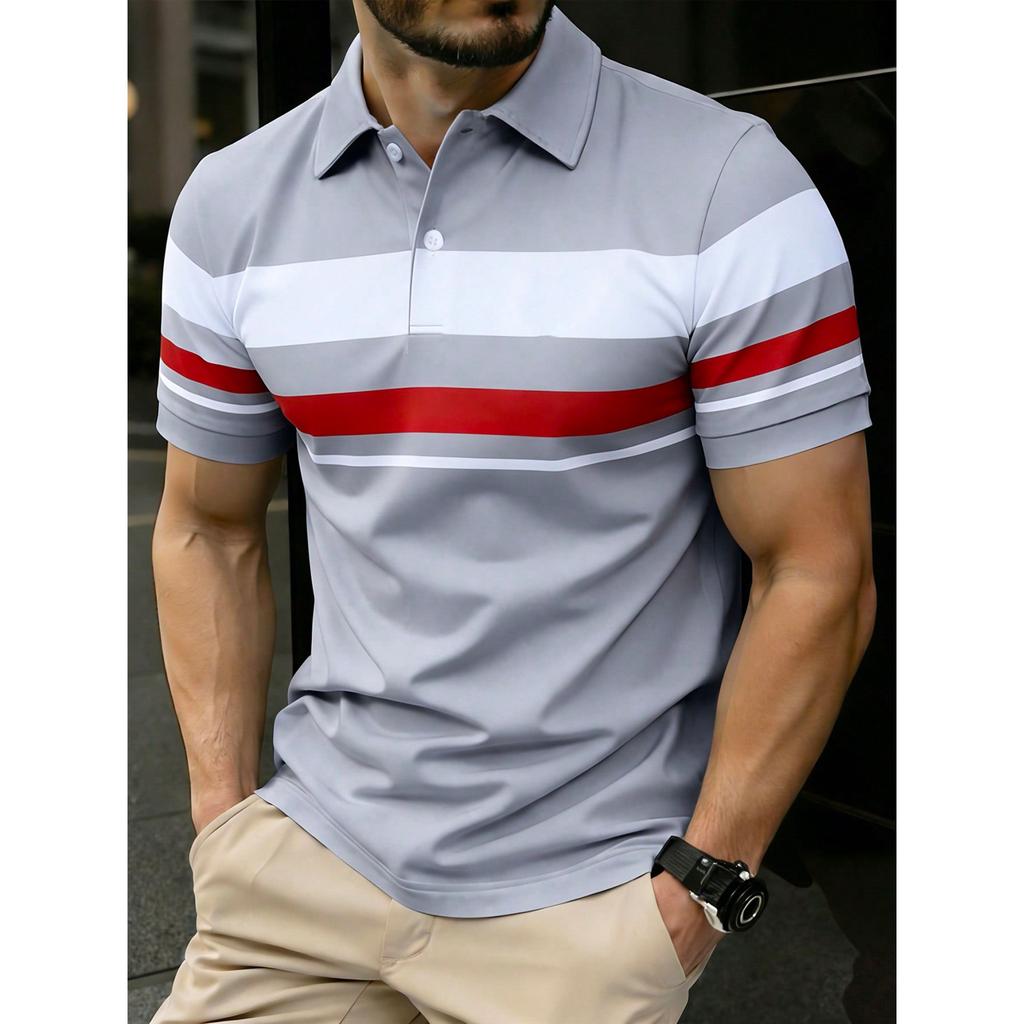 Trendy Striped Short-sleeve Polo Shirt, Perfect for Casual Daily Wear.