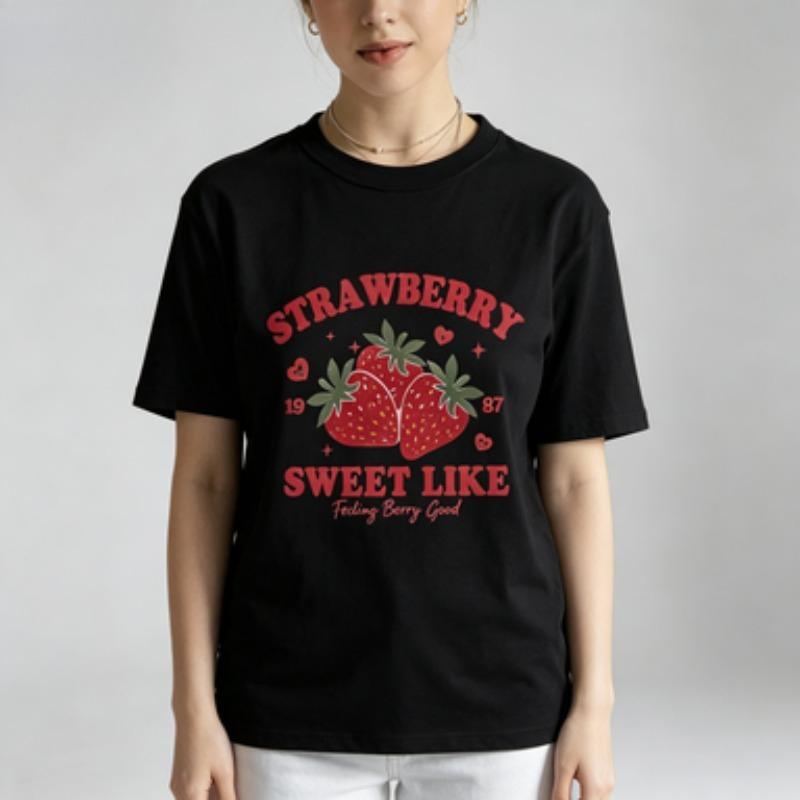 Unisex Modal Tshirt Strawberry Sweet Like Print Short Sleeve Round Neck Cute Fruit Casual Soft Graphic Tee Black White