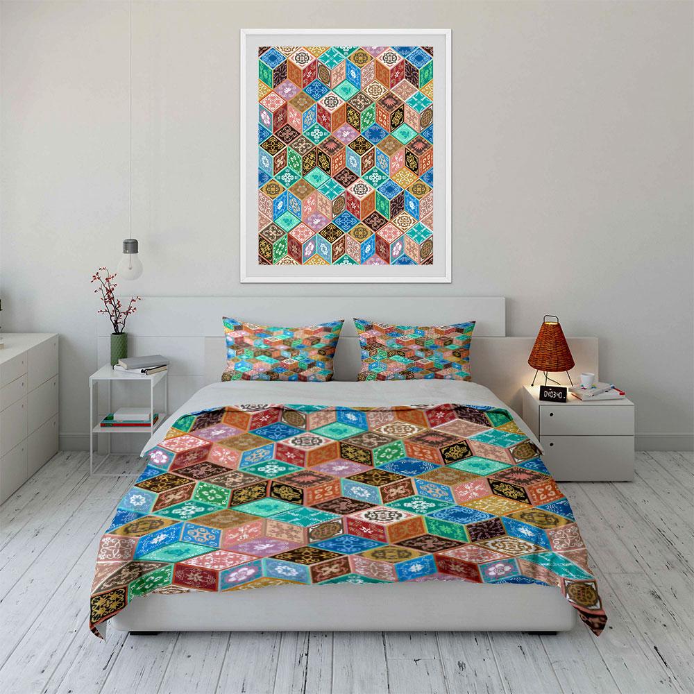 Colorful geometric pattern cubes arrangement Bedding Set for Kids Luxury Gift 3pcs Digital Print Comforter Set Soft Comfortable