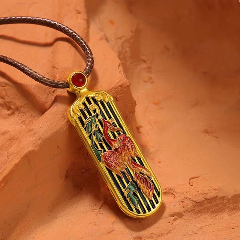 Vietnamese Gold-Enamel Vermilion Bird and Phoenix Brass Necklace