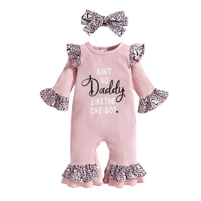 2Pcs Baby Girls Outfit, Letter Leopard Print O-Neck Flare Sleeves Jumpsuit + Headband for Toddlers, 0-18 Months