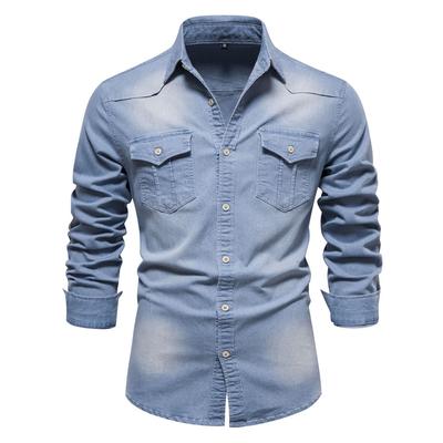 Camicia da Cowboy Senza Stiratura da Uomo Casual a Manica Lunga tinta Unita