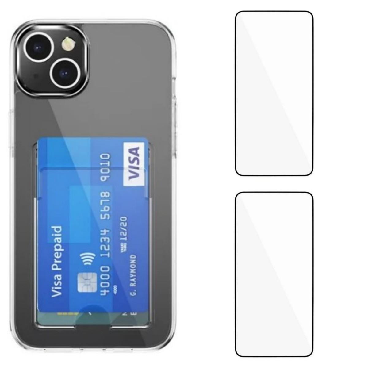 

For iPhone 15 Clear Phone Case with 2Pcs Screen Film WANLONFENG CK1 Series Card Holder Cover (Big Lens Hole) Transparent