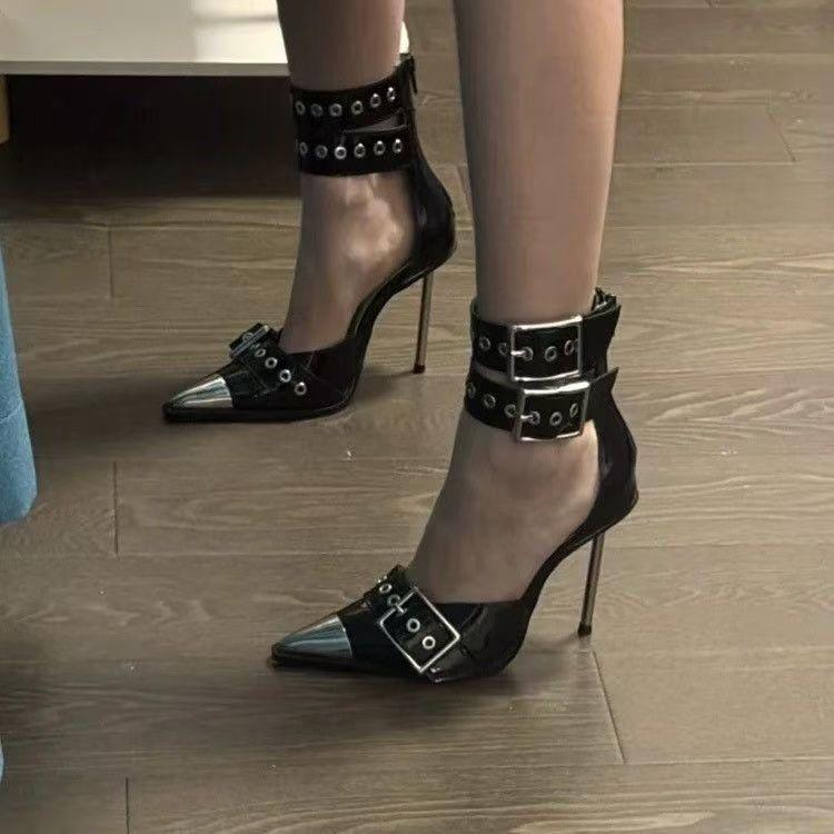 Metal buckle stiletto high heels women's outer wear 2025 summer and autumn new fashion black pointed rivet sandals women