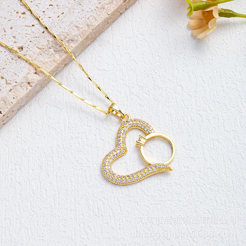 Full Diamond Love Necklace Female Simple Design Versatile Zircon Heart Ring Pendant Clavicle Chain
