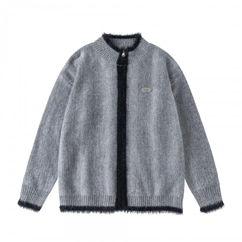 Mens Oversized Fleece-Lined Acrylic Knit Cardigan With Zipper Stand Collar Streetwear Winter Sweater