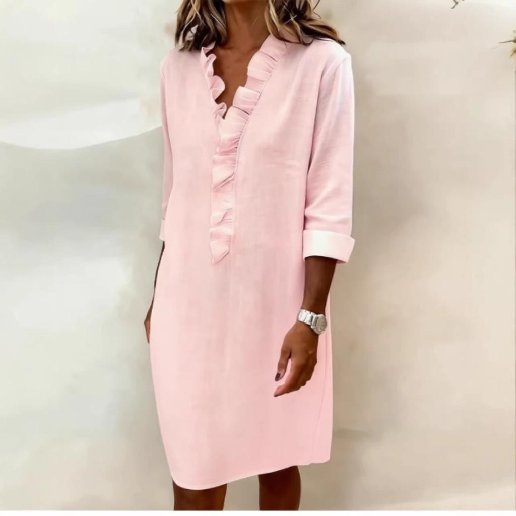 Women's V Neck Ruffle Front Three Quarter Sleeve Loose Solid Linen Blend Midi Shirt Dress