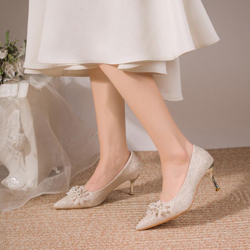 2025 New Rhinestone High-heeled French Temperament Bridal Shoes High-heeled Shoes New Daily Wear Banquet Heels