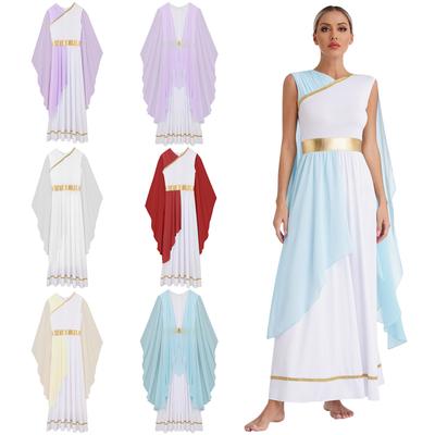 Greek Beaty Cosplay Costumes Chiffon Gold Trims Ancient Toga Greece Roman Queen Dress-up Party Praise Liturgical Worship Dress
