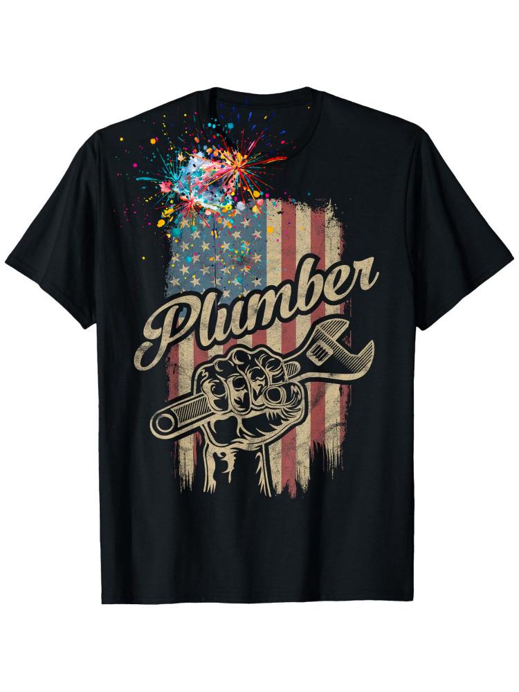 Plumber American Flag Plumbing Gift Pipe Wrench Patriotic design-100%cotton summer O-neck short