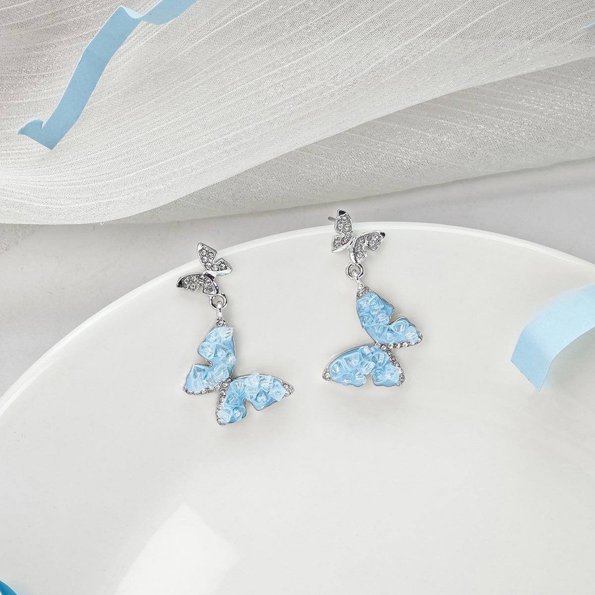 Blue Butterfly Rhinestone Earrings - Versatile Silver Needle Design for Women