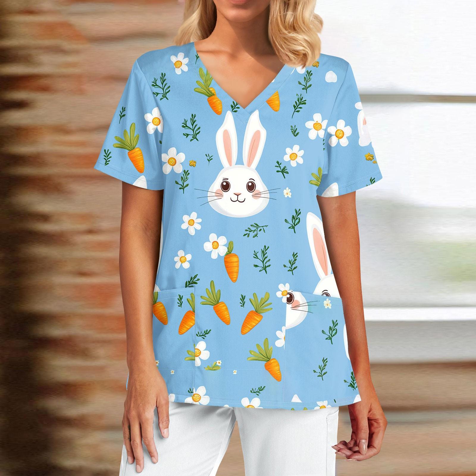 

Женская мода Пасхальный принт короткий рукав V-образный вырез карман топ L синий