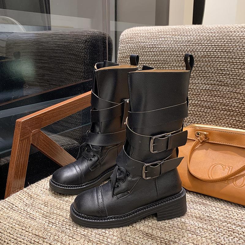 British Style Retro Medium Tube Knight Boots Women's 2025 Autumn and Winter New Soft Leather Thick Heel Belt Buckle Platform Fashion Boots
