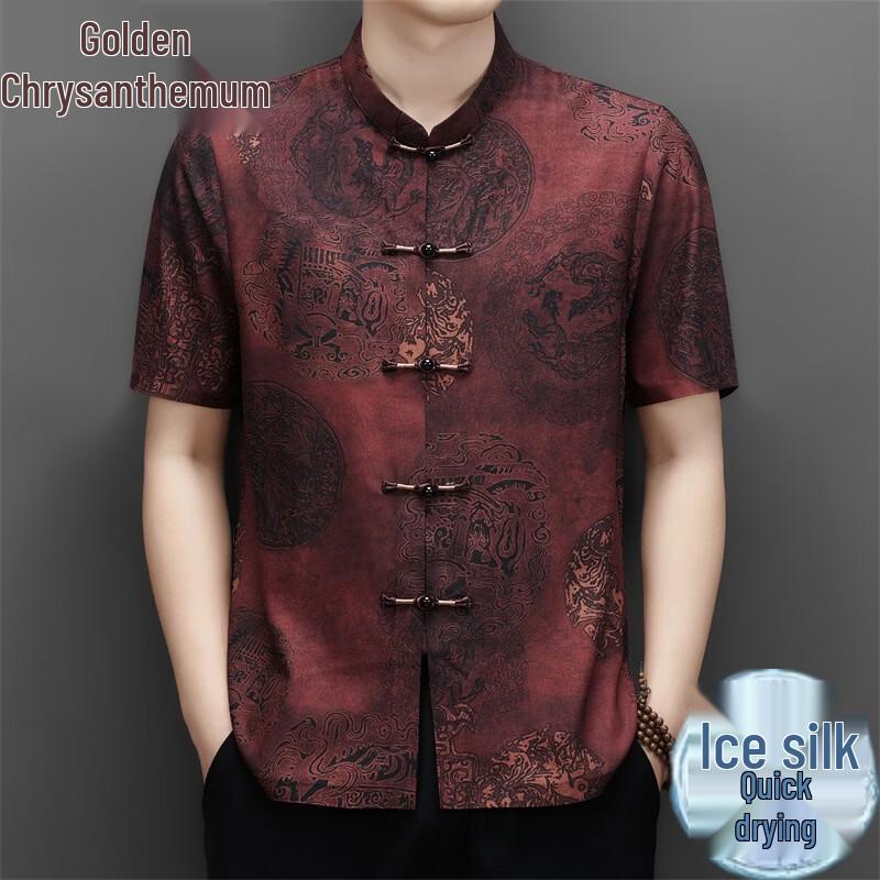 Men s Ice Silk Stand Collar Short-Sleeve Tang Suit Shirt 190